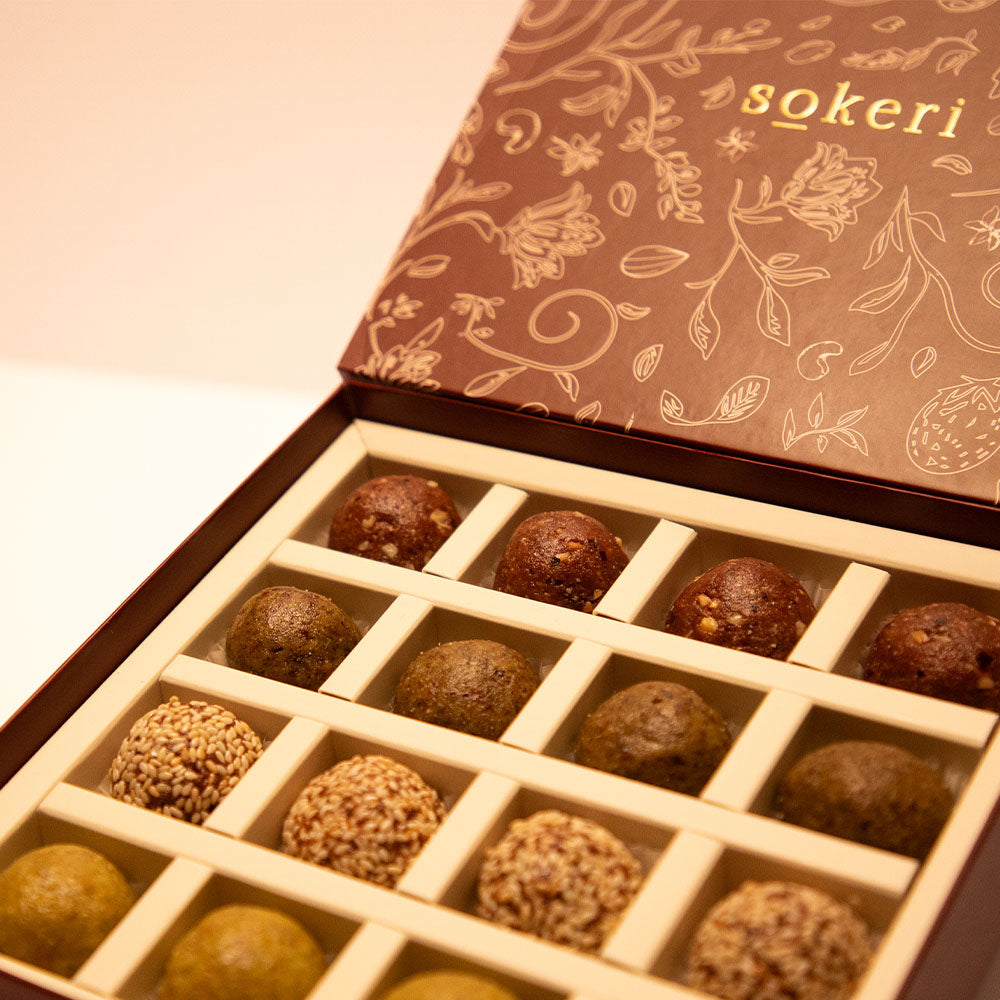 Hazelnut Truffles, Sesame Truffles, Matcha & Fig Truffles and Pistachio, Apricot & Orange Truffles