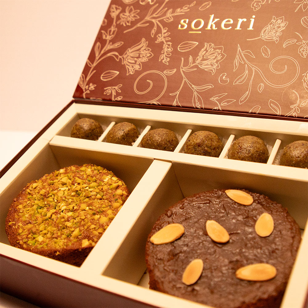 Pistachio Cake, Salted Palm Jaggery Caramel Almond Cake and Matcha & Fig Truffles