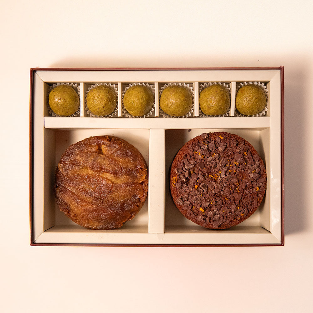 Apple Miso Caramel Almond Cake, Orange Zest & Dark Chocolate Chunk Almond Cake and Pistachio, Apricot & Orange Truffles