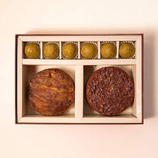 Apple Miso Caramel Almond Cake, Orange Zest & Dark Chocolate Chunk Almond Cake and Pistachio, Apricot & Orange Truffles