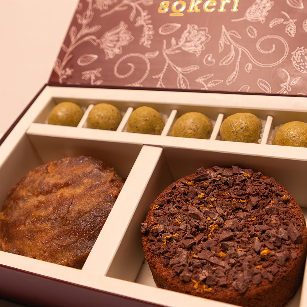 Apple Miso Caramel Almond Cake, Orange Zest & Dark Chocolate Chunk Almond Cake and Pistachio, Apricot & Orange Truffles
