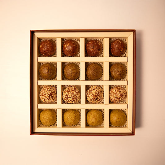 Hazelnut Truffles, Sesame Truffles, Matcha & Fig Truffles and Pistachio, Apricot & Orange Truffles