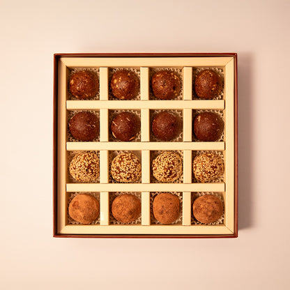 Hazelnut Truffles, Sesame Truffles, Cacao Truffles and Almond Cacao Truffles