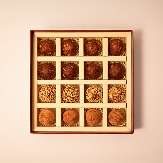 Hazelnut Truffles, Sesame Truffles, Cacao Truffles and Almond Cacao Truffles