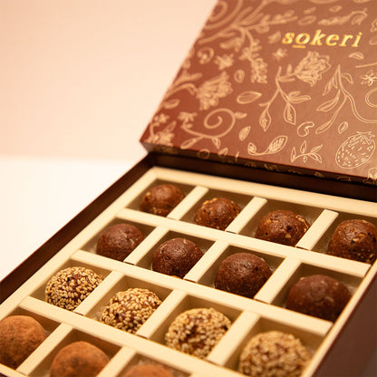 Hazelnut Truffles, Sesame Truffles, Cacao Truffles and Almond Cacao Truffles