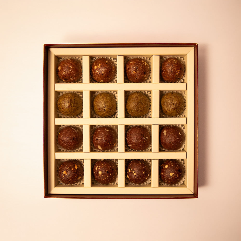 Hazelnut Truffles, Almond Cacao Truffles, Matcha & Fig Truffles and Peanut Truffles