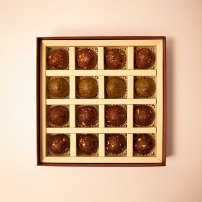 Hazelnut Truffles, Almond Cacao Truffles, Matcha & Fig Truffles and Peanut Truffles