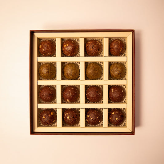 Hazelnut Truffles, Almond Cacao Truffles, Matcha & Fig Truffles and Peanut Truffles