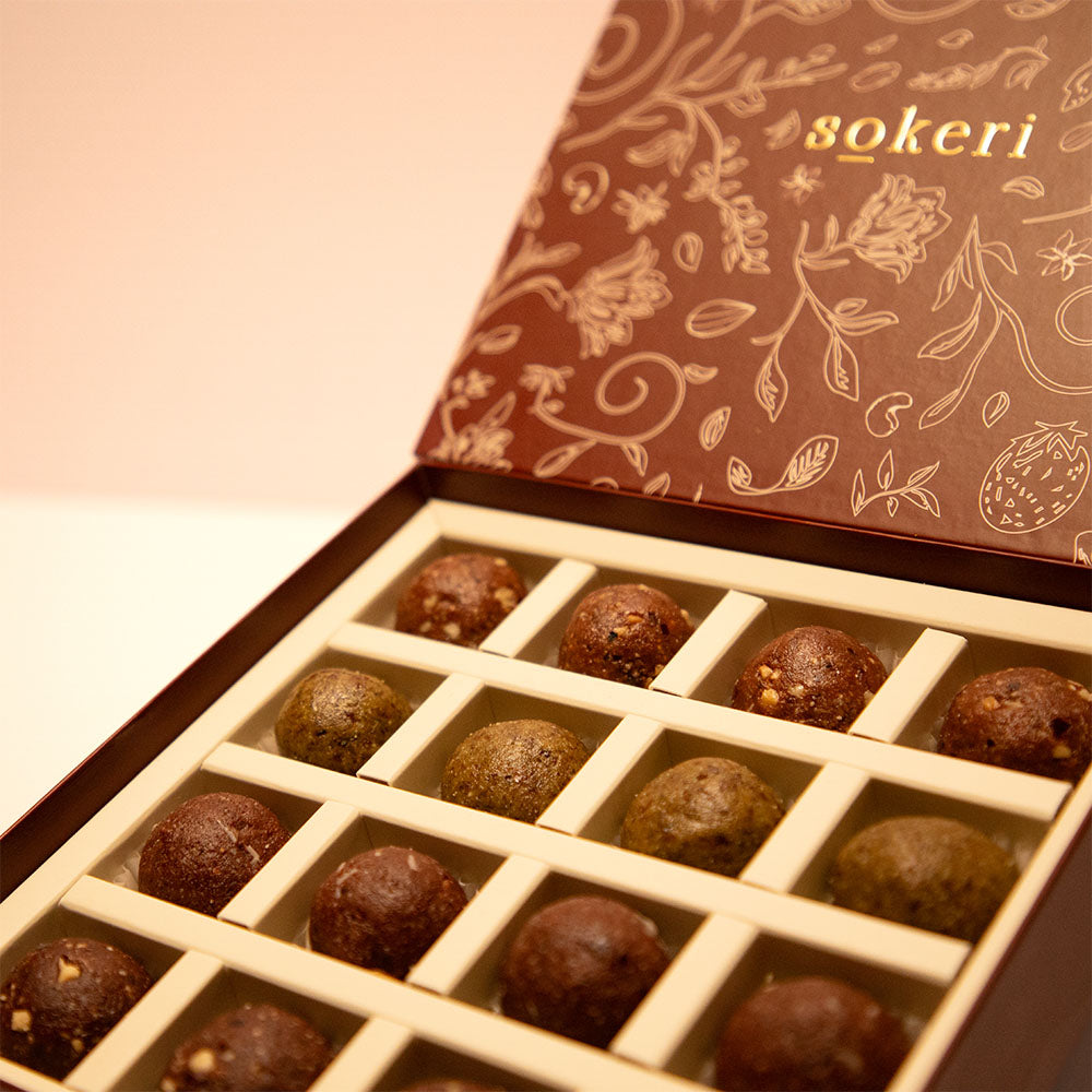 Hazelnut Truffles, Almond Cacao Truffles, Matcha & Fig Truffles and Peanut Truffles