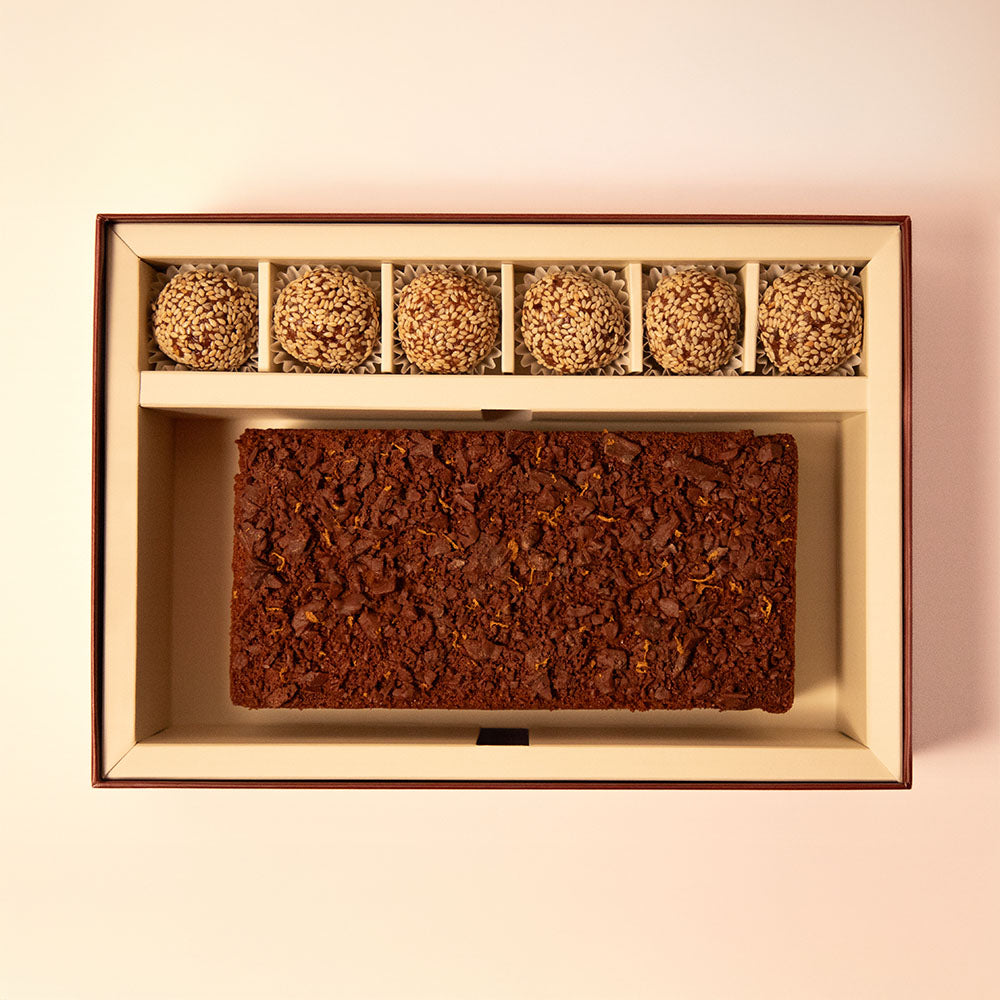 Orange Zest & Dark Chocolate Chunk Almond Cake and Sesame Truffles