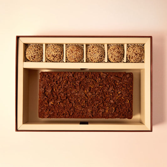 Orange Zest & Dark Chocolate Chunk Almond Cake and Sesame Truffles