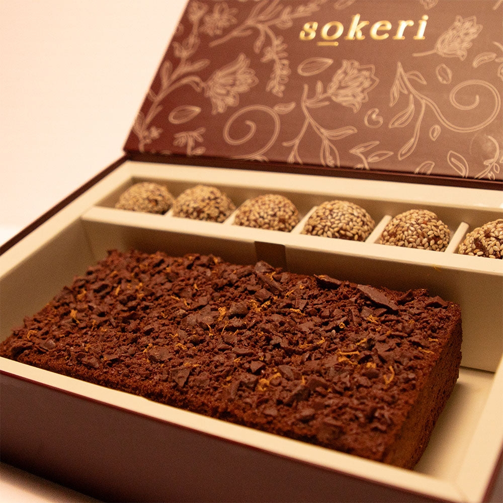 Orange Zest & Dark Chocolate Chunk Almond Cake and Sesame Truffles