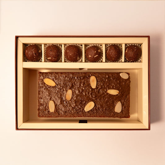 Salted Palm Jaggery Caramel Almond Cake and Almond Cacao Truffles