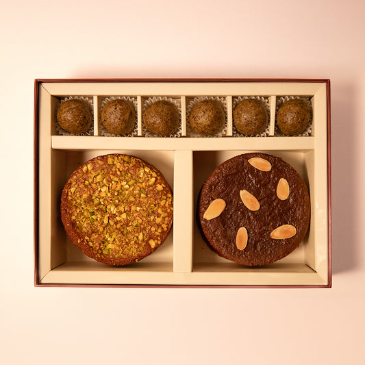 Pistachio Cake, Salted Palm Jaggery Caramel Almond Cake and Matcha & Fig Truffles