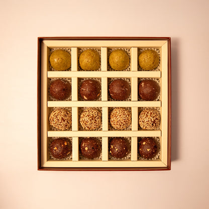 Sesame Truffles, Pistachio, Apricot & Orange Truffles, Almond Cacao Truffles and Peanut Truffles