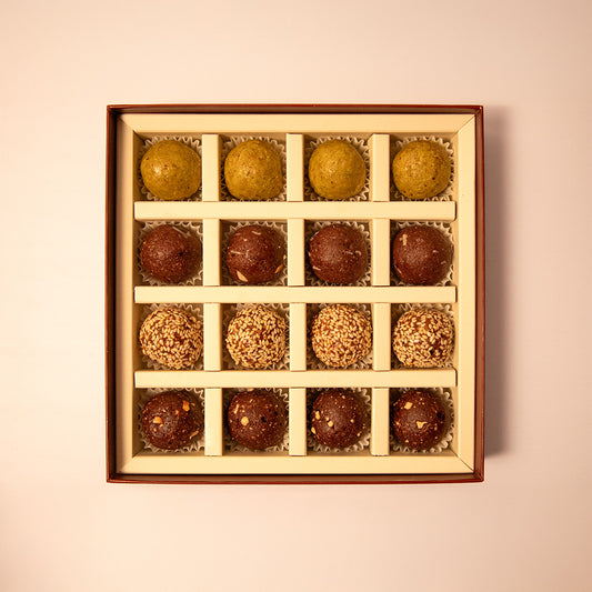Sesame Truffles, Pistachio, Apricot & Orange Truffles, Almond Cacao Truffles and Peanut Truffles