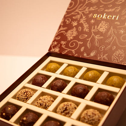 Sesame Truffles, Pistachio, Apricot & Orange Truffles, Almond Cacao Truffles and Peanut Truffles